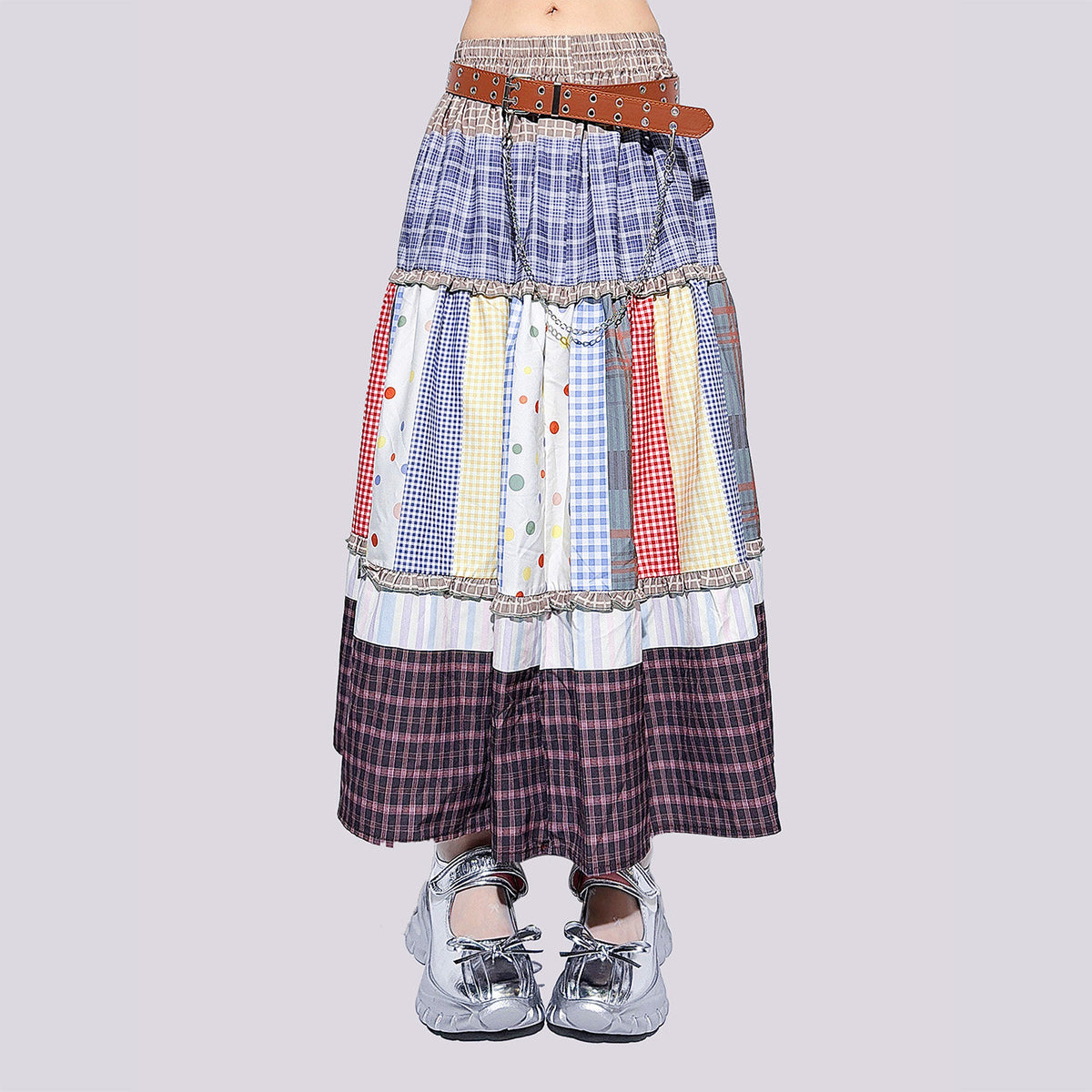 FANLOVEGIRL - Patchwork Polka Dot Tiered Midi Skirt skirt FANLOVEGIRL Dress And Belt S
