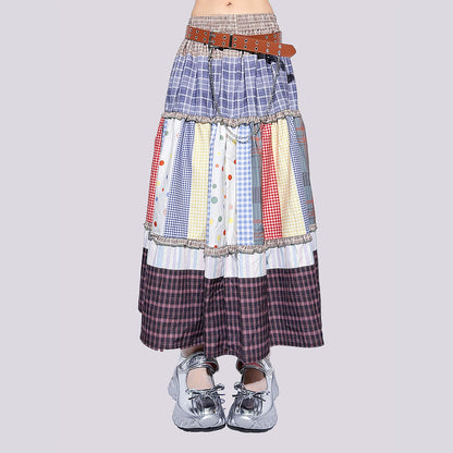 FANLOVEGIRL - Patchwork Polka Dot Tiered Midi Skirt skirt FANLOVEGIRL Dress And Belt S