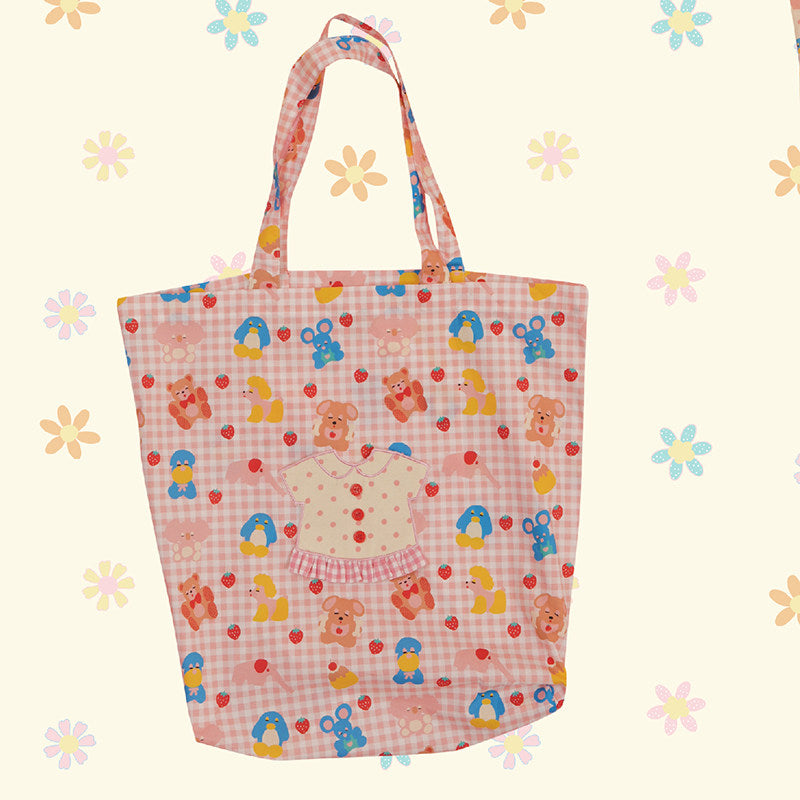 NIKKOU - Colorful Kawaii Shoulder Tote Bag bag Nikkou home Animal with Pink Plaid