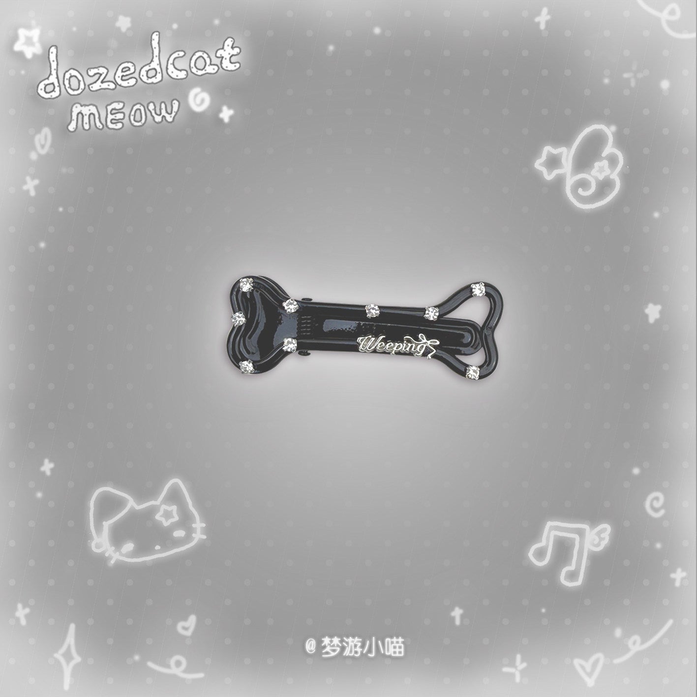 Rhinestone Bone Hair Clip | Kawaii Y2K Korean Style Side Hair Clip hair clip Sleepwalking Cat Black