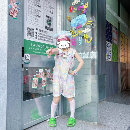 Rainbow Universe RUX - Pastel Decora Tank Top Shorts Set set Rainbow Universe RUX Set(Tank Top+Suspender Shorts) M