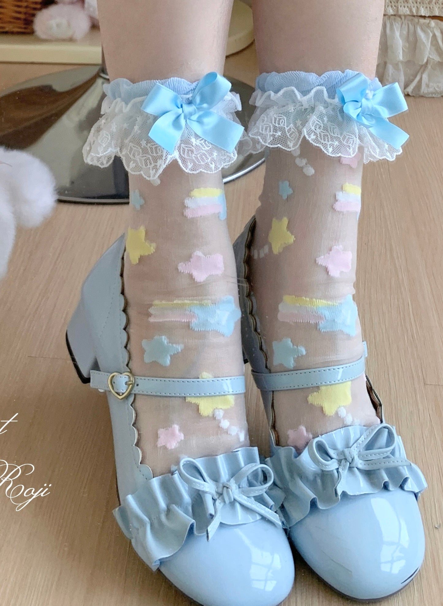 Roji Roji - Twin Star Lolita Sheer Lace Socks socks Roji Roji Blue Pink with Blue Bow
