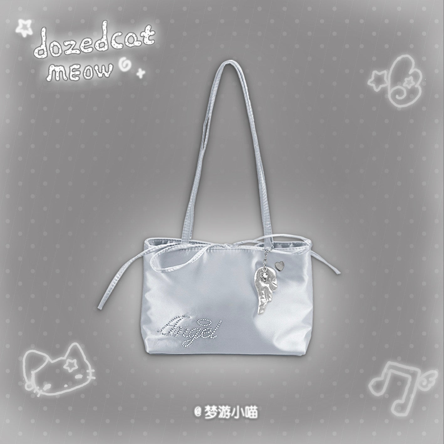 Angel Rhinestone Satin Shoulder Bag | Y2K Kawaii Sparkly Handbag bag Sleepwalking Cat Silver
