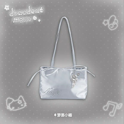 Angel Rhinestone Satin Shoulder Bag | Y2K Kawaii Sparkly Handbag bag Sleepwalking Cat Silver