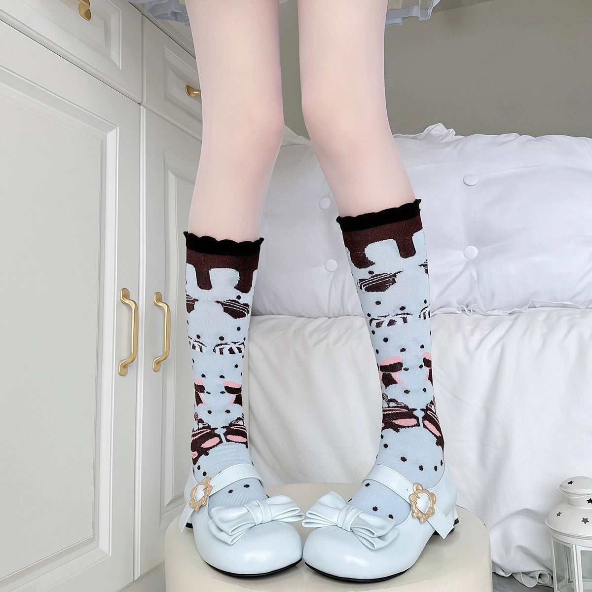 Pink Brown Strawberry Cake Heart Bow Socks