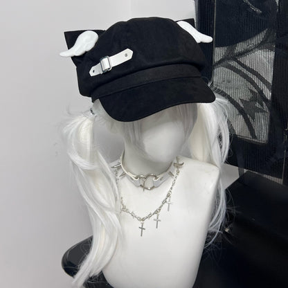 1Gangster Inn - Black Cat Ear Beret Punk Hat hat 1GASTERINN Black Hat With Detachable Cat's Ears