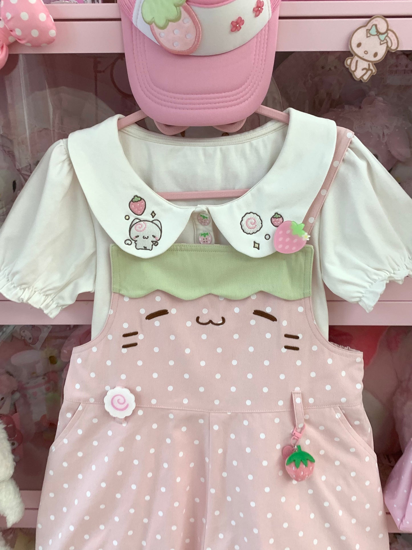 Blurred Bear - Strawberry Doll Collar Overalls Set set Blurred Bear Pink Top S