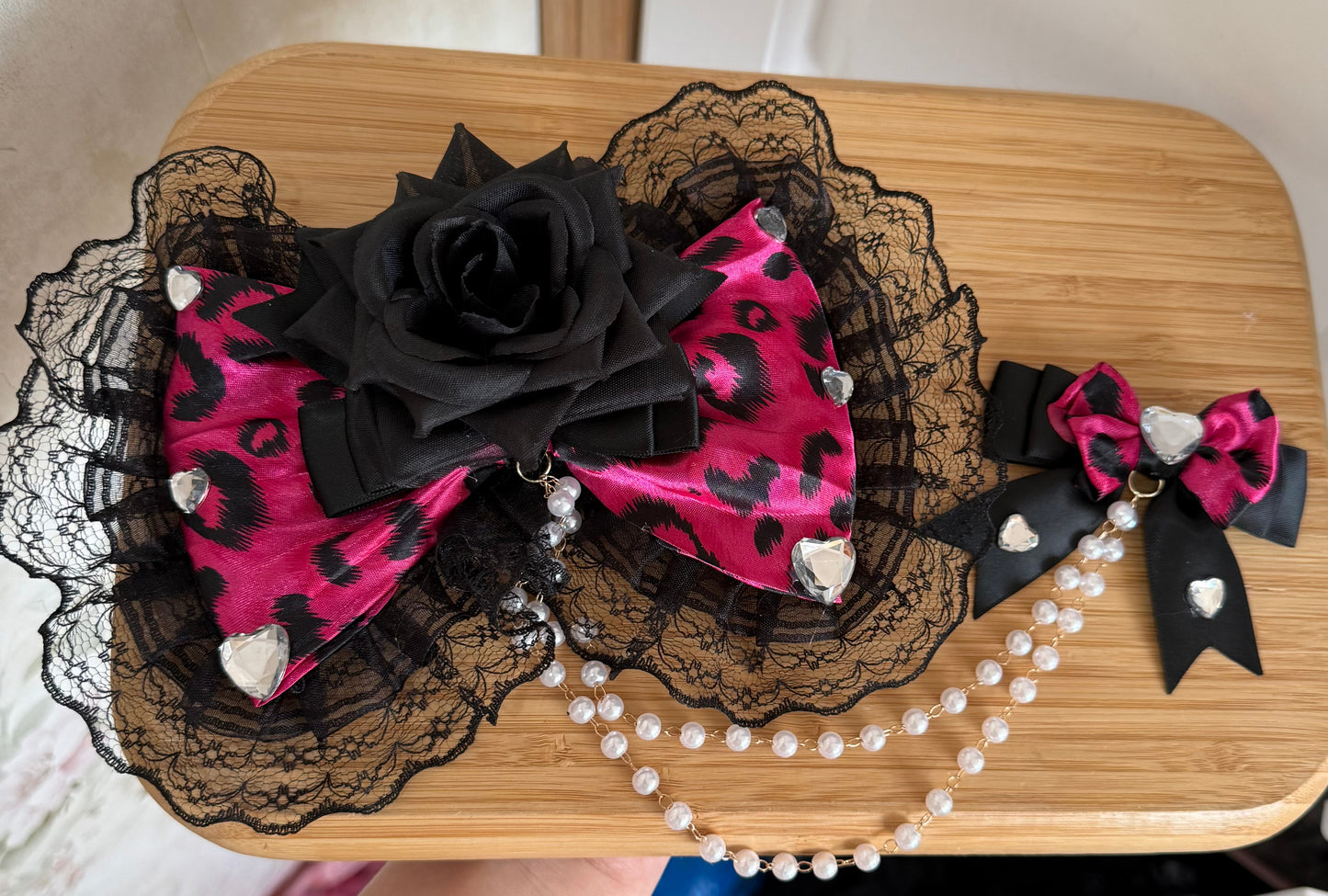 Gyaru Black Leopard Lace Bow Hair Clip hair clip moji Rose Red
