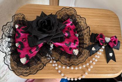 Gyaru Black Leopard Lace Bow Hair Clip hair clip moji Rose Red