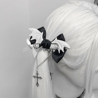 1Gangster Inn - Blue Black Cross Gothic Bow Hair Clip hair clip 1GASTERINN Black And White - 1 pair