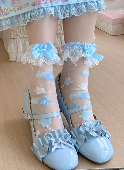 Roji Roji - Twin Star Lolita Sheer Lace Socks socks Roji Roji Blue with Blue Bow