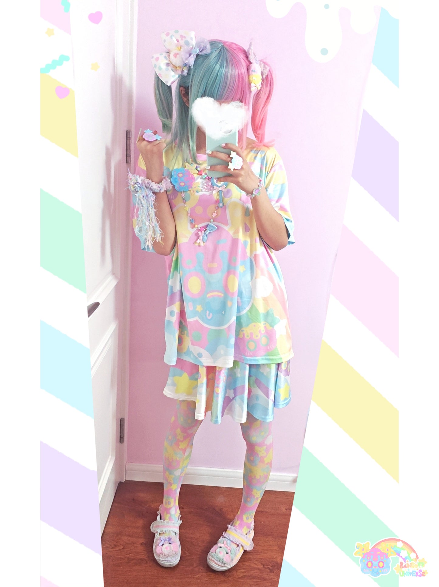 Rainbow Universe RUX - Pastel Macaron Decora Kei Skirt Set set Rainbow Universe RUX Set (Socks & T-shirt & Skirt) S