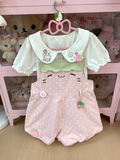Blurred Bear - Strawberry Doll Collar Overalls Set set Blurred Bear Pink Overalls S
