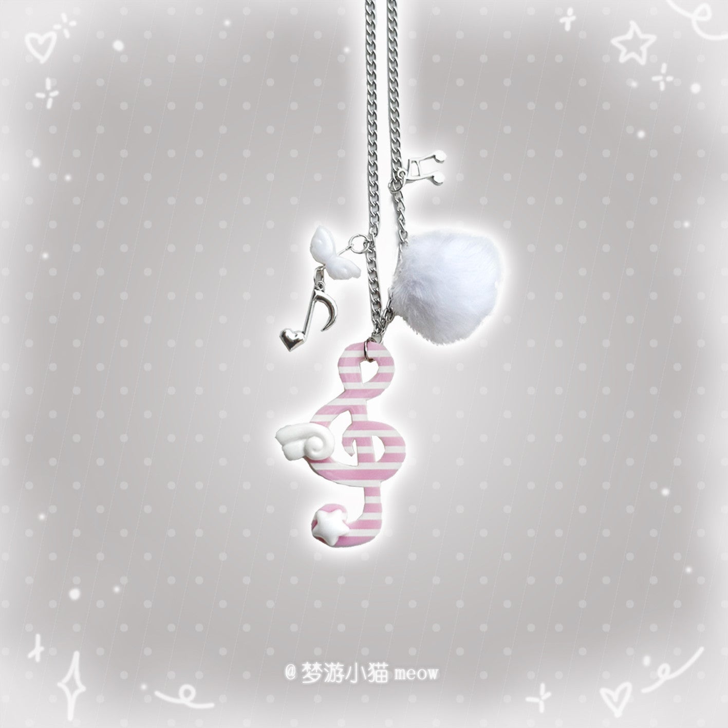 Vintage Polka Dot Music Note Necklace necklace Sleepwalking Cat Pink