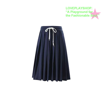 loveplayshop - Solid Color Pleated Cotton Skirt skirt loveplay Navy Blue S