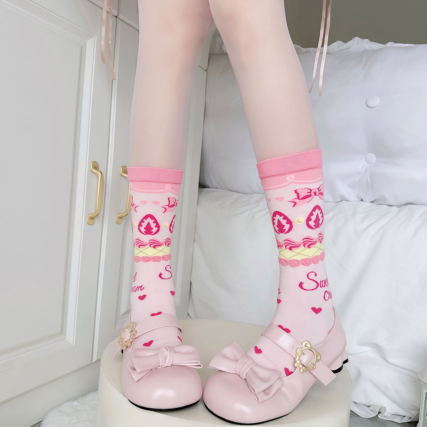 Pink Brown Strawberry Cake Heart Bow Socks
