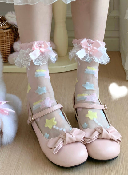 Roji Roji - Twin Star Lolita Sheer Lace Socks socks Roji Roji Pink Green with Light Pink Bow