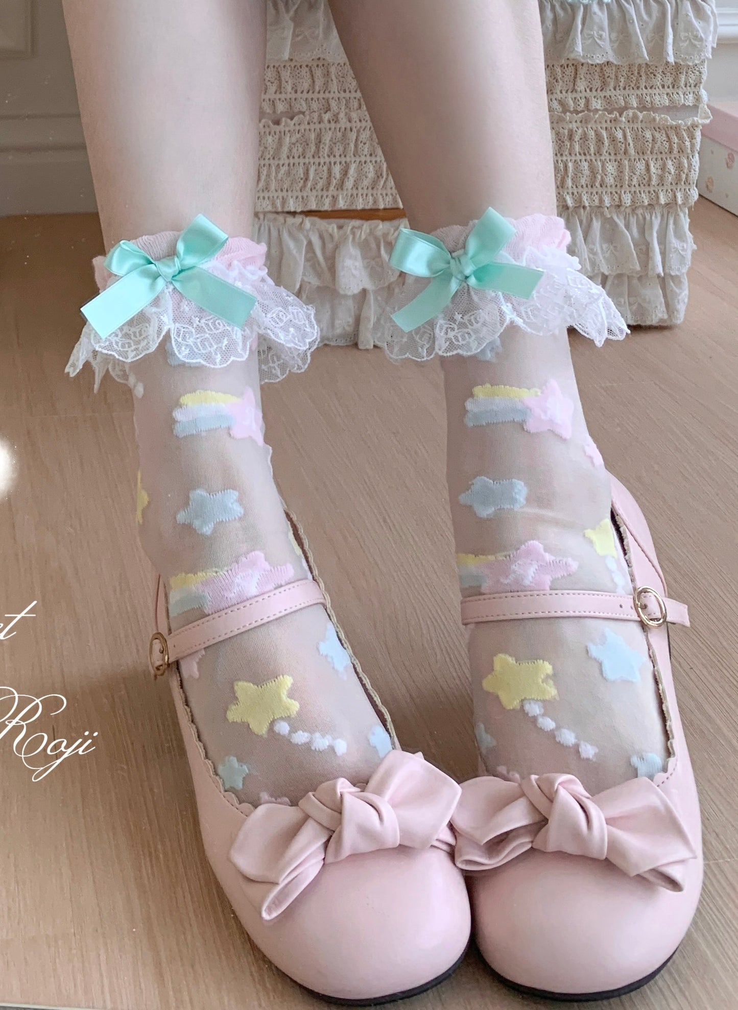 Roji Roji - Twin Star Lolita Sheer Lace Socks socks Roji Roji Pink Green with Green Bow