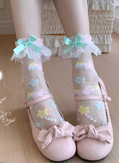 Roji Roji - Twin Star Lolita Sheer Lace Socks socks Roji Roji Pink Green with Green Bow