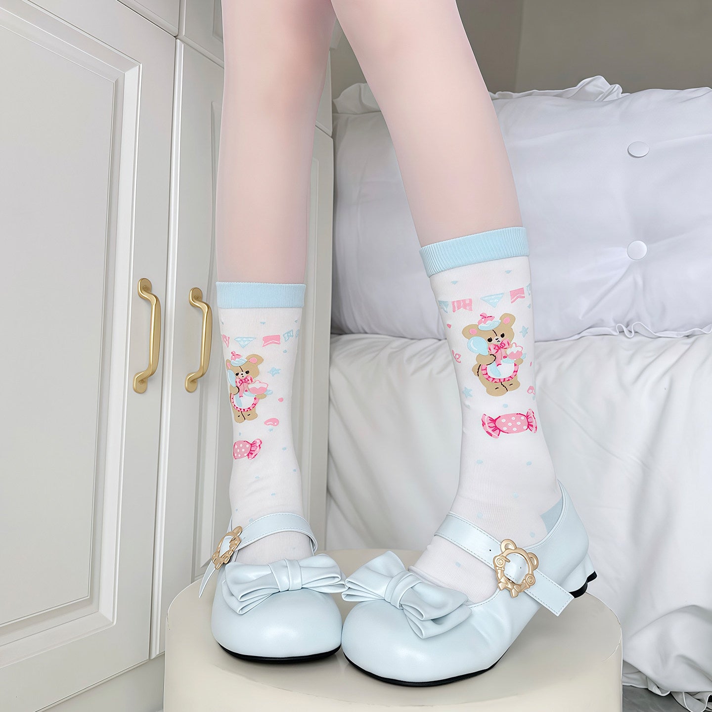 Pink Brown Strawberry Cake Heart Bow Socks