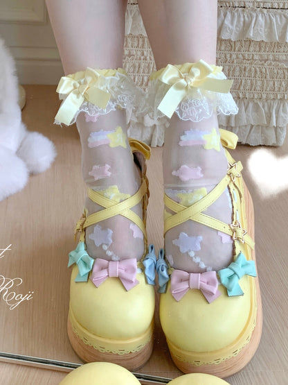 Roji Roji - Twin Star Lolita Sheer Lace Socks socks Roji Roji Yellow Pink with Yellow Bow
