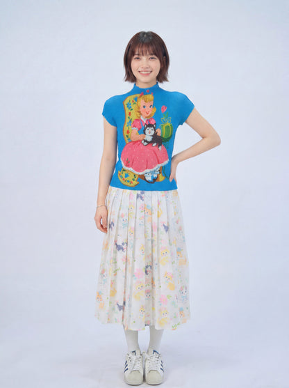 MeowMeow Bug - Cat Print Pleated Tee shirt MeowMeow Bug Retro Girl and Cat