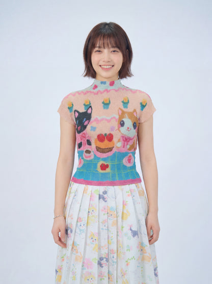 MeowMeow Bug - Cat Print Pleated Tee shirt MeowMeow Bug Cake Cat