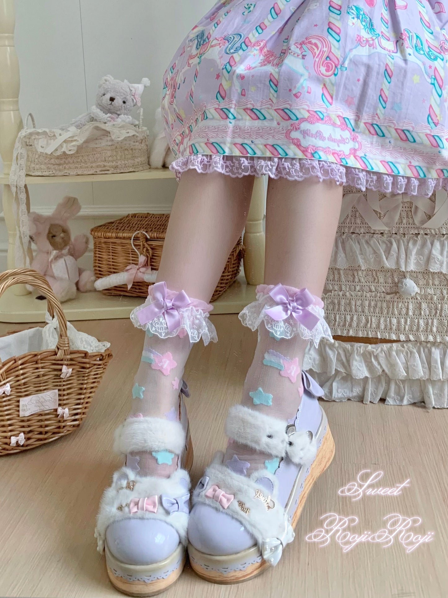 Roji Roji - Twin Star Lolita Sheer Lace Socks socks Roji Roji Purple Pink with Purple Bow