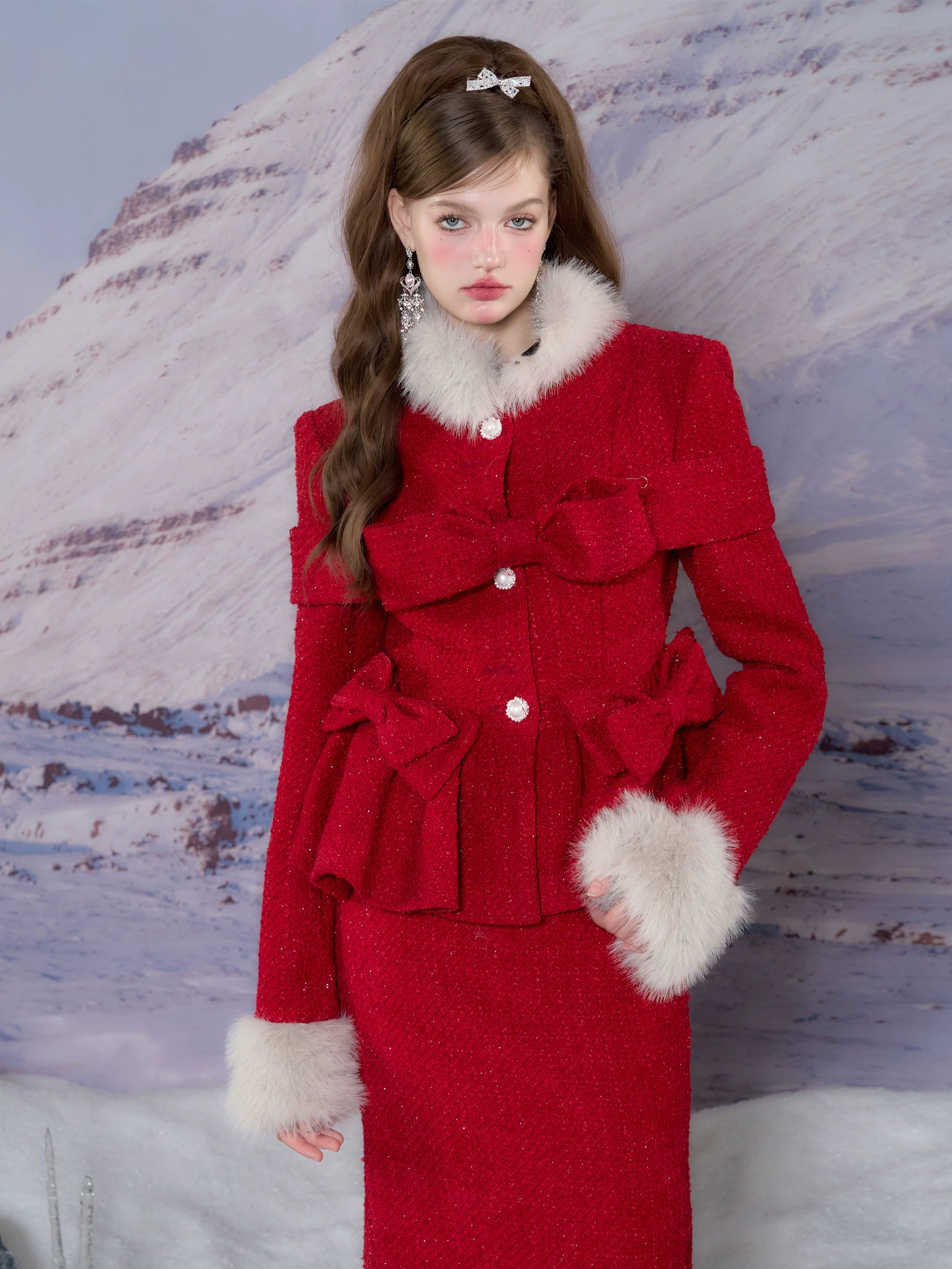 YZZI HE Fancy Red Coat Skirt Suit