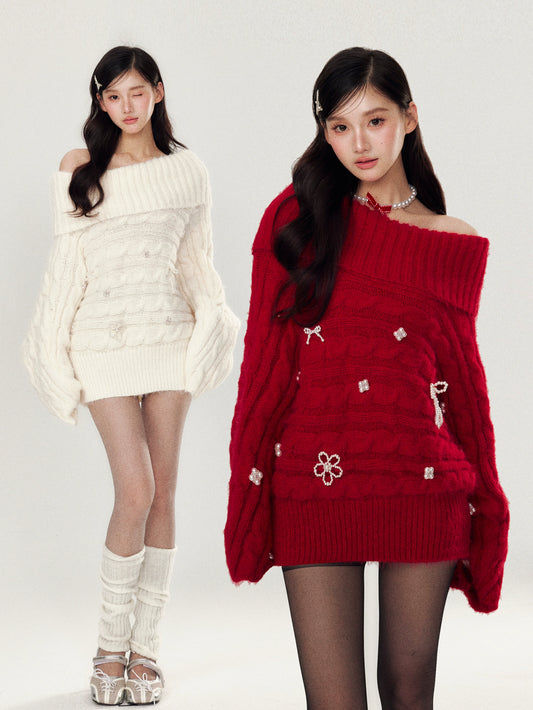 GirlyVibes Sweater Red White Off-Shoulder Handmade Beaded Sweater sweater YZZI HE