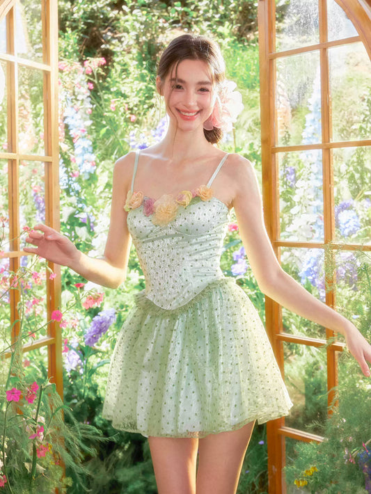 GirlyVibes Dress Mint Green Dress Polka Dot Dress Mesh Floral Dress dress YZZI HE