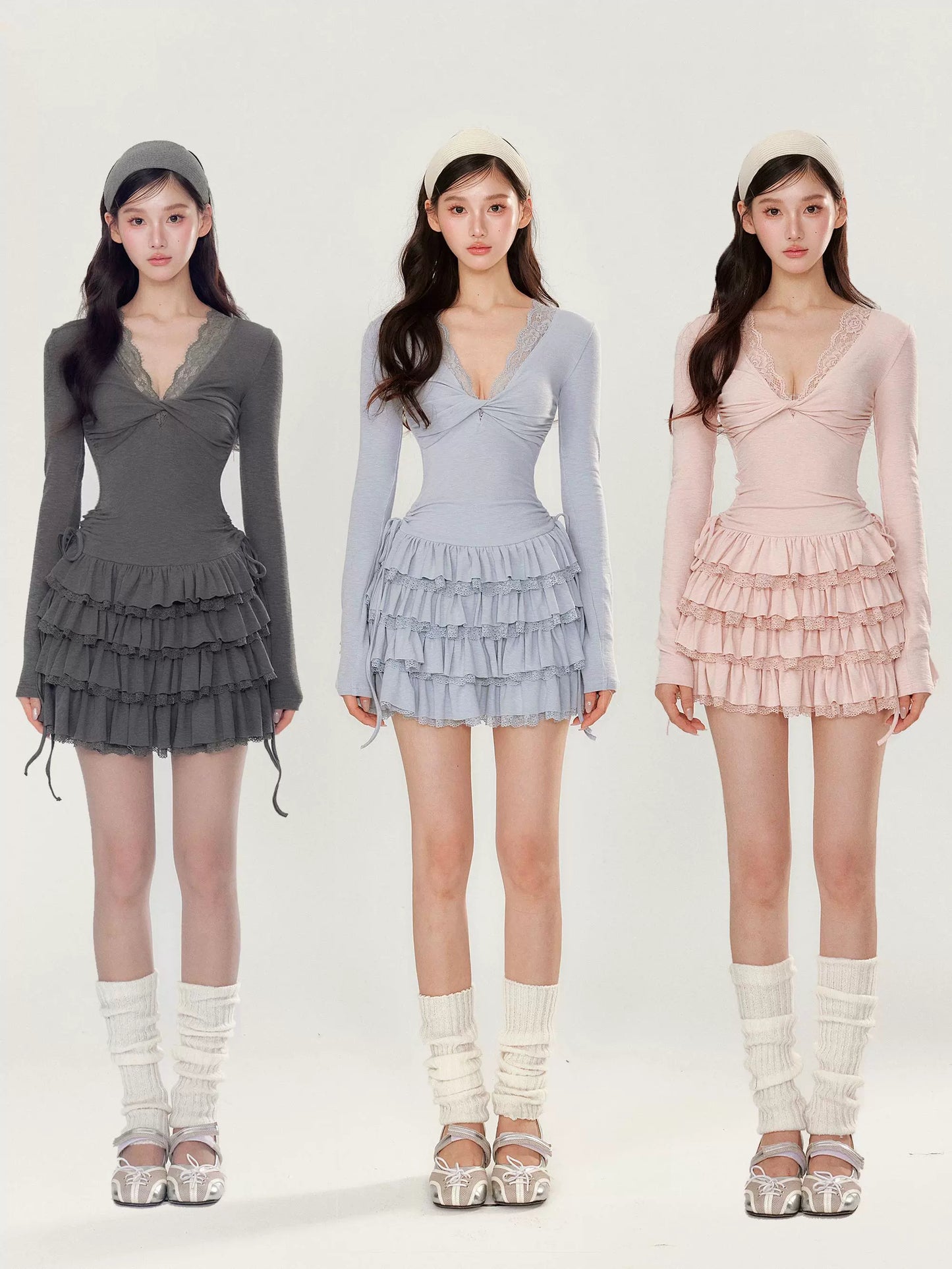 GirlyVibes Dress Pink Blue Grey Dress V-neck Dress Long Sleeve Dress dress YZZI HE