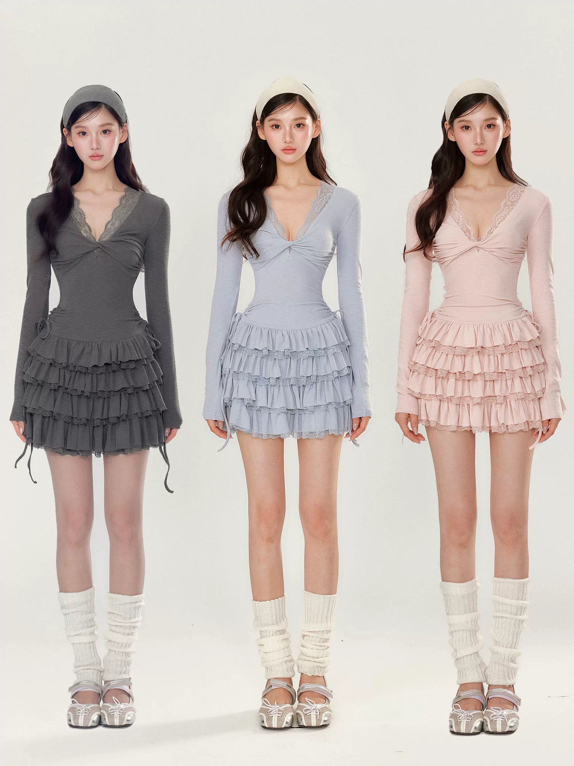 GirlyVibes Dress Pink Blue Grey Dress V-neck Dress Long Sleeve Dress dress YZZI HE