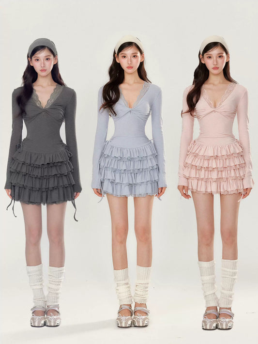 GirlyVibes Dress Pink Blue Grey Dress V-neck Dress Long Sleeve Dress dress YZZI HE