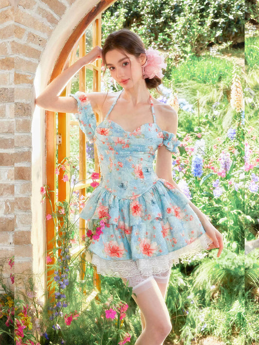 GirlyVibes Dress Blue Dress Halter Neck Dress Floral Babydoll Dress dress YZZI HE