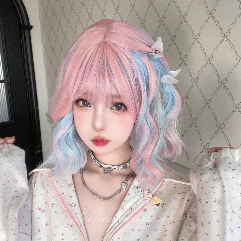 Alice Garden Harajuku Dopamine wig with colorful short curly hair and an ear-dye effect, perfect for a playful, vibrant look.