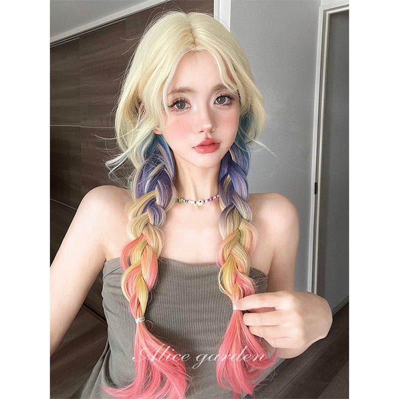 Alice Garden Harajuku style dopamine wig with rainbow gradient long curls, perfect for a colorful and playful look.