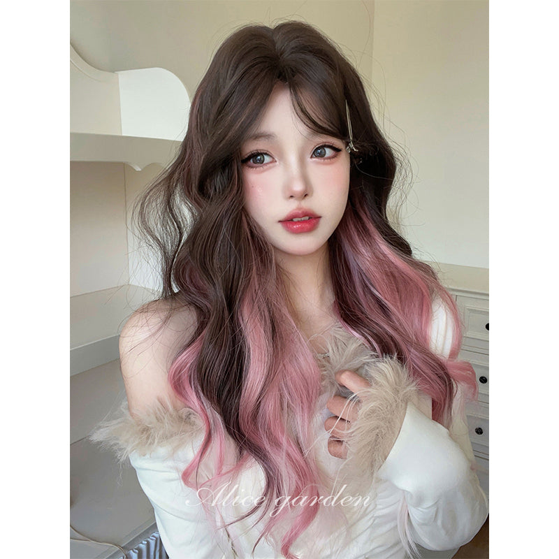 Alice Garden Harajuku style long wig with a French gradient, featuring pink to black curls for a bold, chic look.