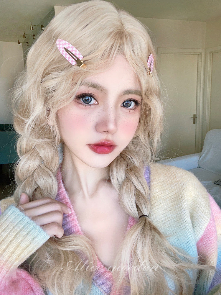 Alice Garden Harajuku style long wig with sandy blonde curls and bangs for a soft, natural look.