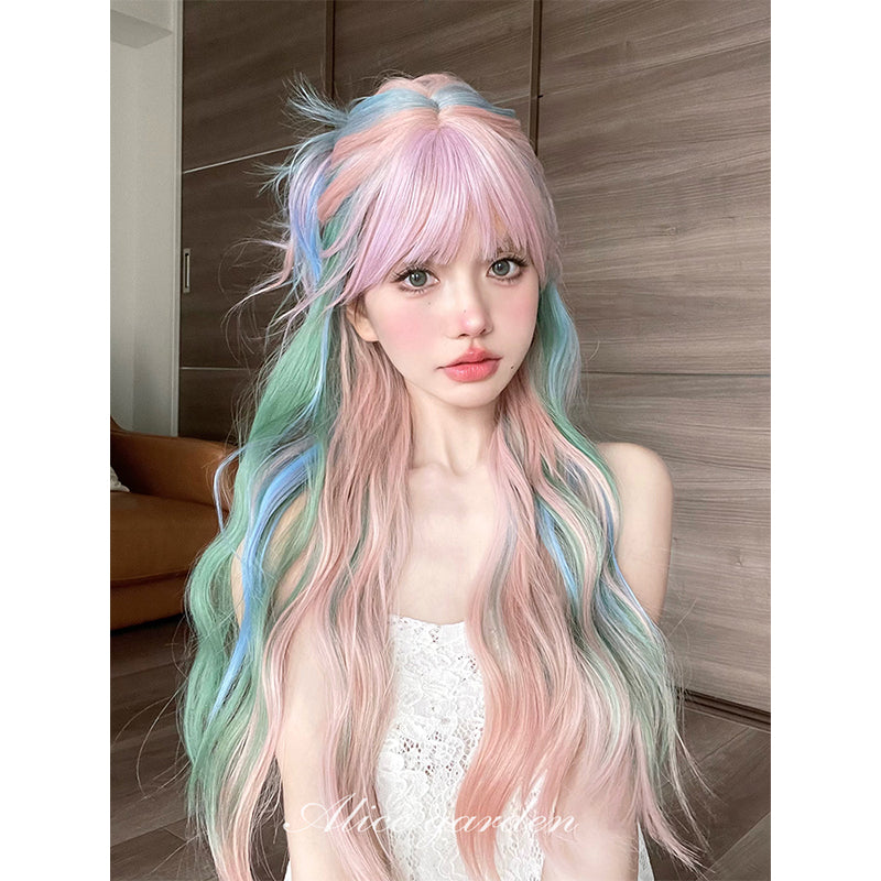 Alice Garden Harajuku style rainbow wig with soft long curls and a blend of vibrant mixed colors for a playful and colorful look.