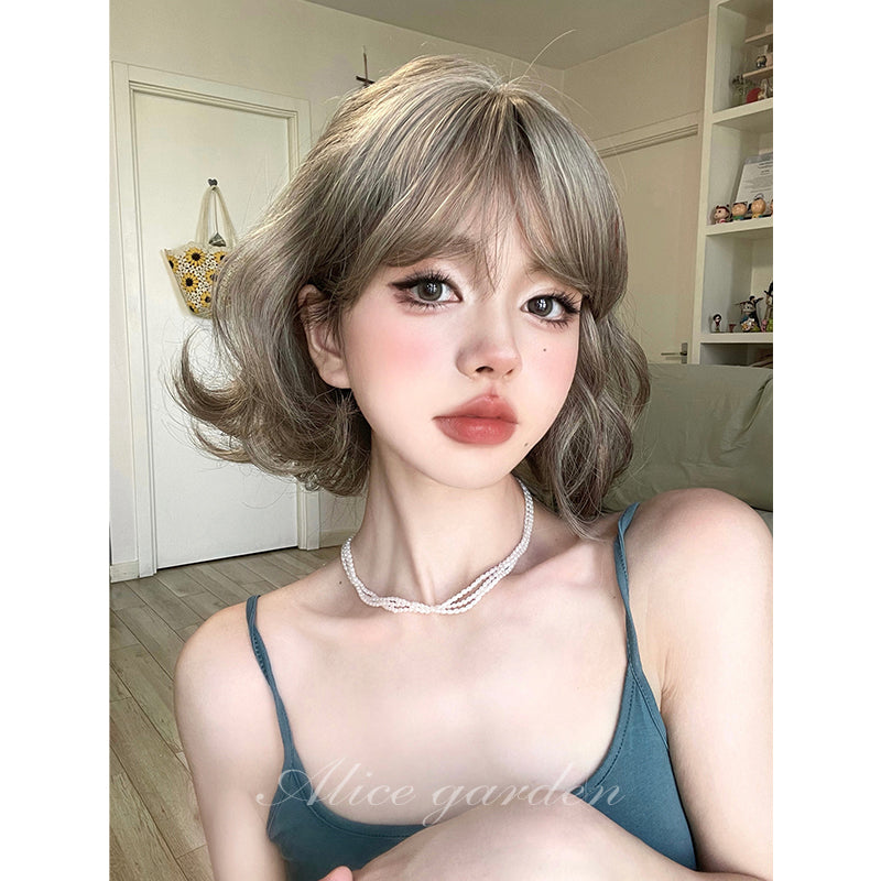 Alice Garden Harajuku style short wig with ash gray and brown curls, perfect for a chic, stylish look.