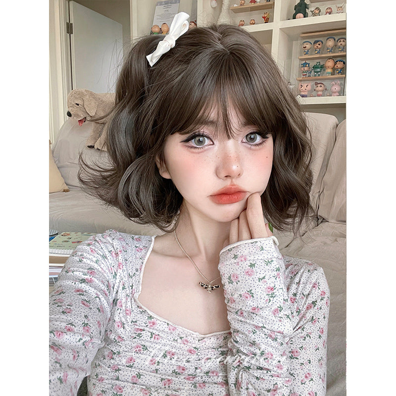 Alice Garden Harajuku style short wig with cool brown wool curls for a chic and cozy look.