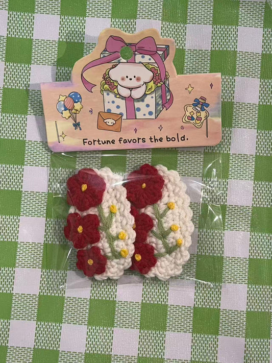 Handmade Kawaii Crochet Hair Clips Scrunchies Keychain hair clip Land Decora Red Flower Hair Clip