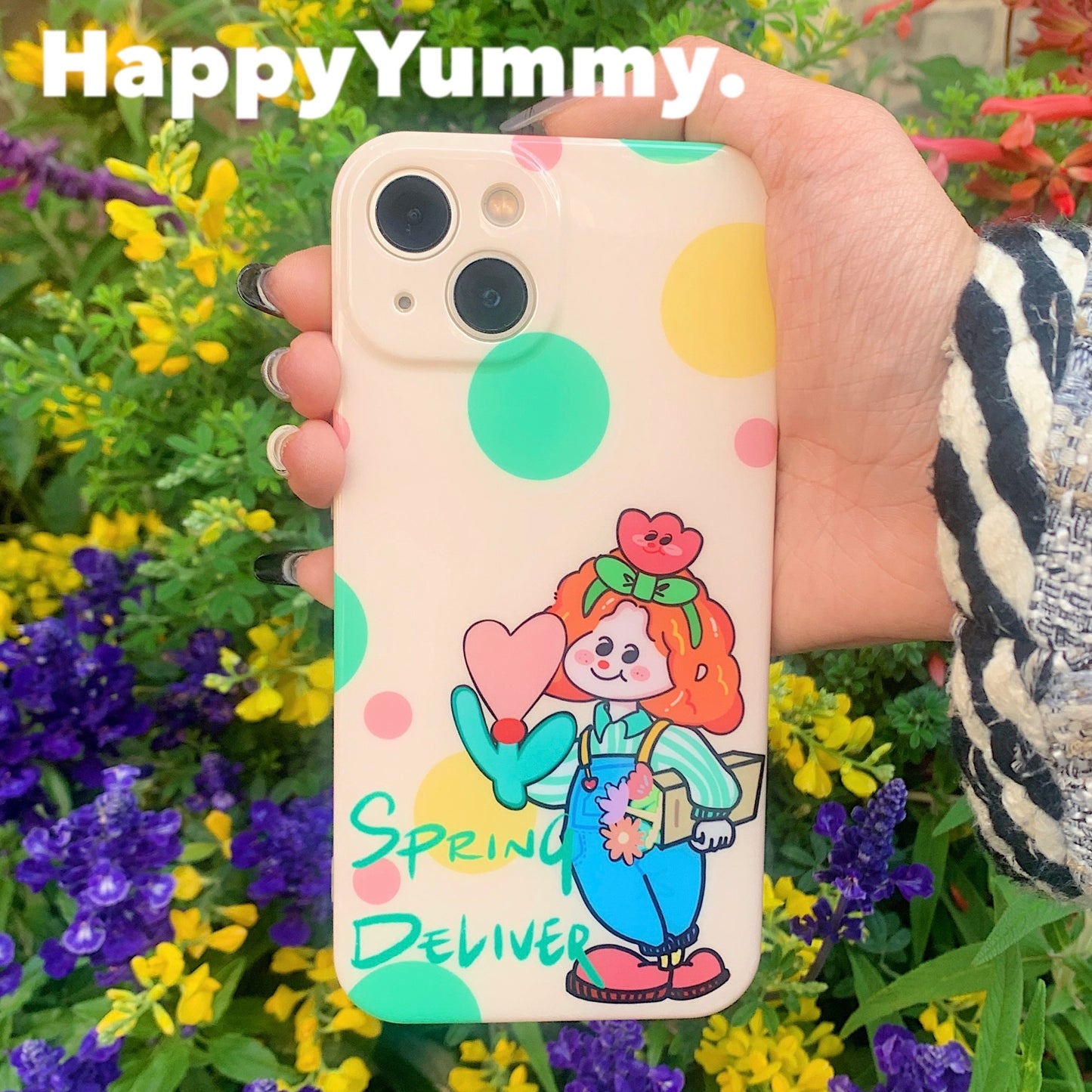 HappyYummy "Spring Postman DUDU" IMD glossy soft phone case featuring a cute spring-themed design, providing a sleek and protective cover for your phone.