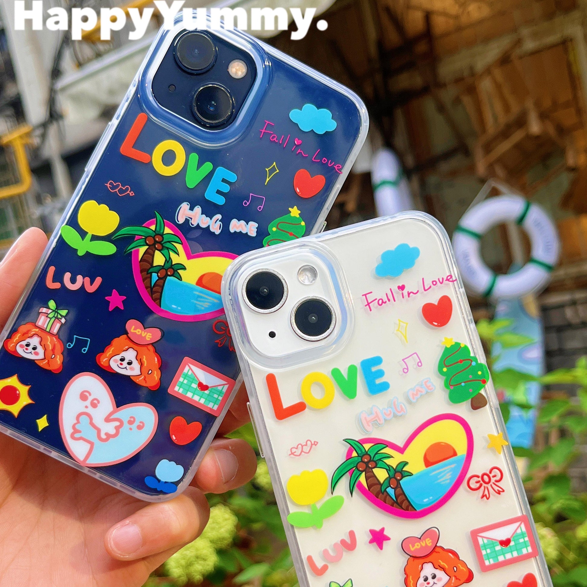 HappyYummy "Summer Love DU" shockproof phone case with a colorful beach-themed design, providing protection for iPhone while adding a fun summer vibe with the cute DU character.