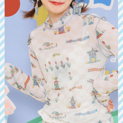 Harajuku-style HELPHELP full-print illustration stretch mesh layering long sleeve t-shirt with unique design and vibrant colors.