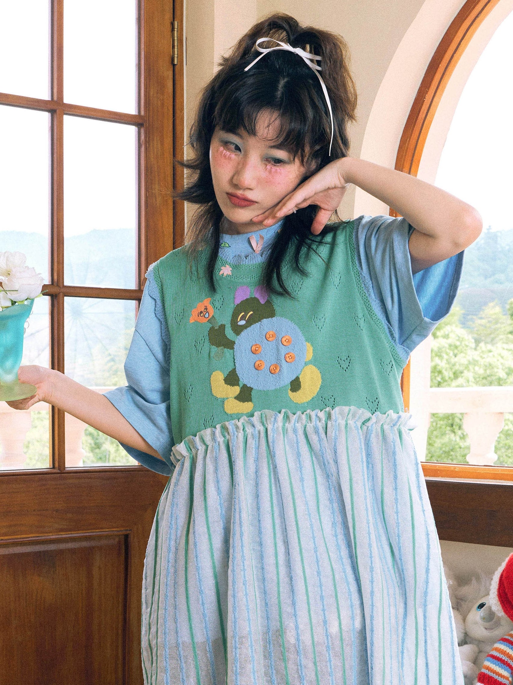Harajuku Dress Knitted Jacquard Dress Ladybug Handmade Dress Mesh Vest Dress  Garden Series Dress