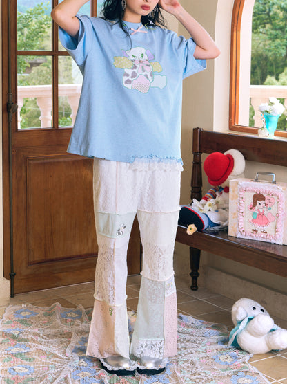 HelpHelp Garden Series lace-trimmed soft bell-hem trousers, perfect for a stylish and comfortable Harajuku-inspired outfit with a touch of vintage charm.