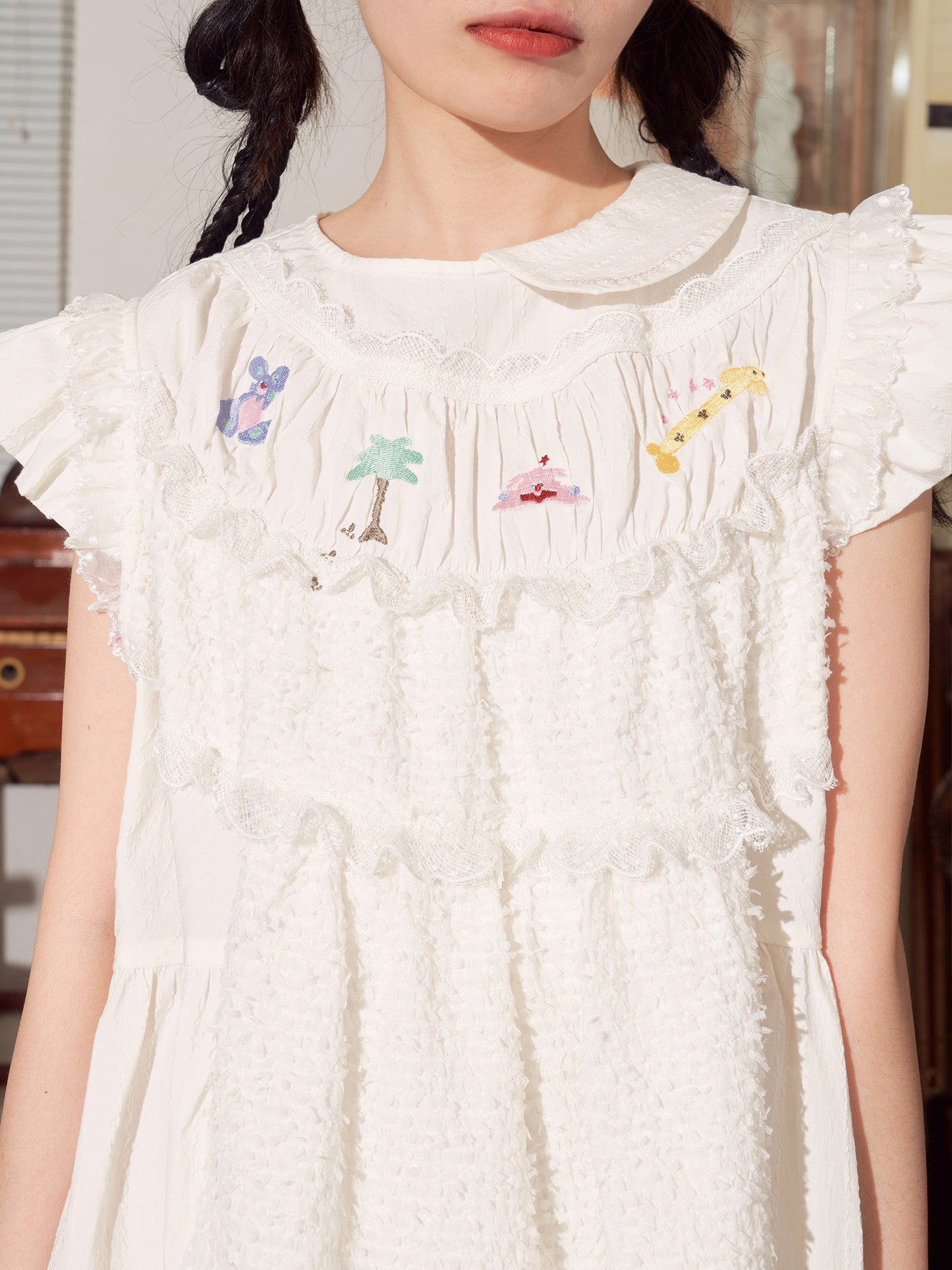 Harajuku style HELPHELP electric magic embroidered textured white versatile vest dress, showcasing intricate embroidery and a chic, modern design perfect for any occasion.