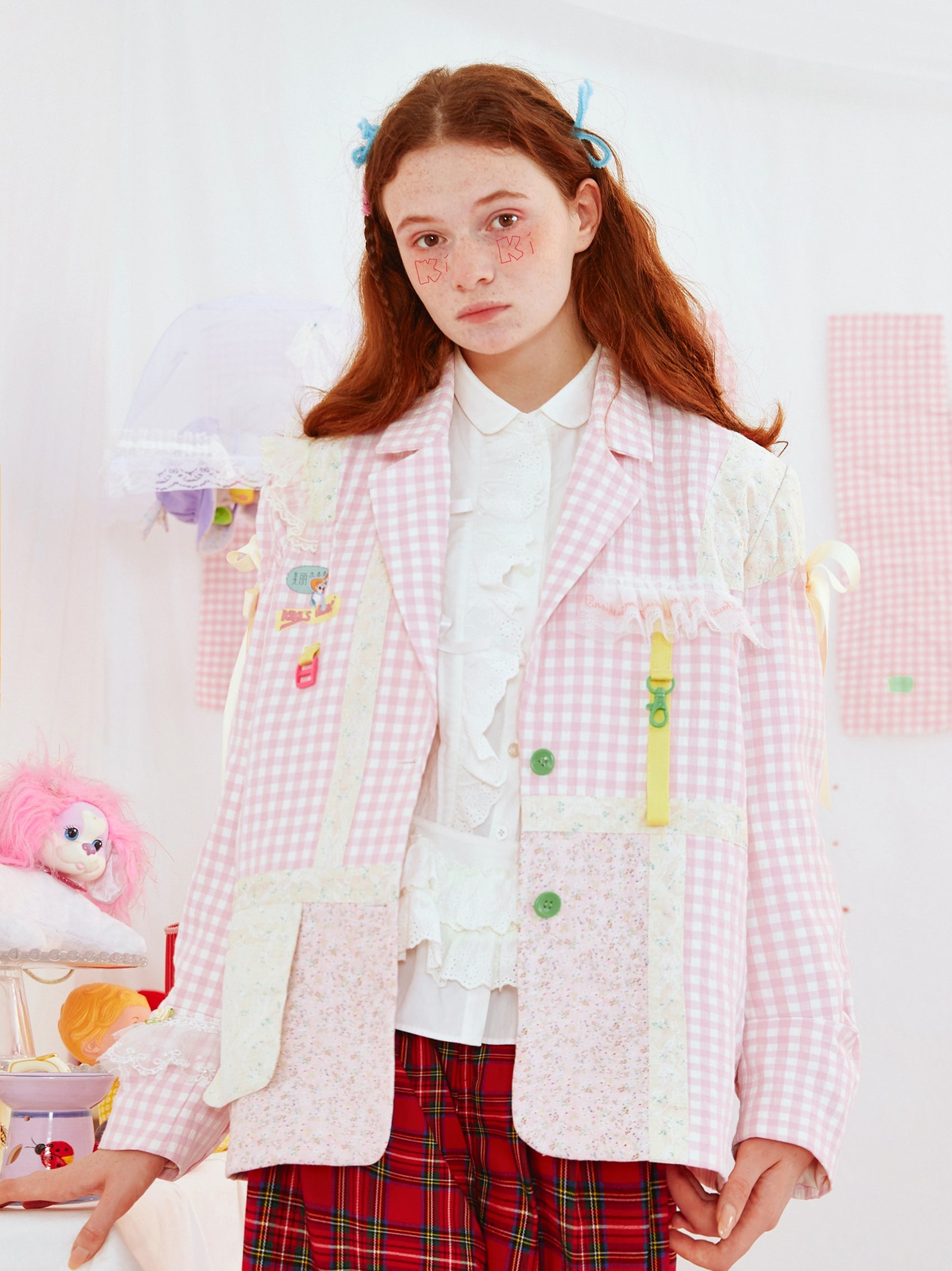 Harajuku-style HELPHELP floral patchwork lace plaid blush blue cute blazer jacket, combining vintage charm with modern flair.